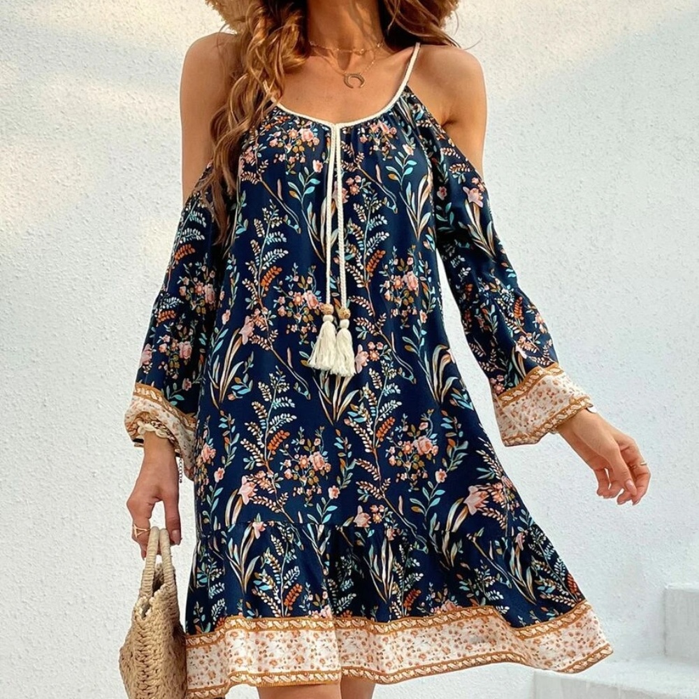 Boho Floral Print Cold Shoulder Mini Dress - Picture 2 of 12